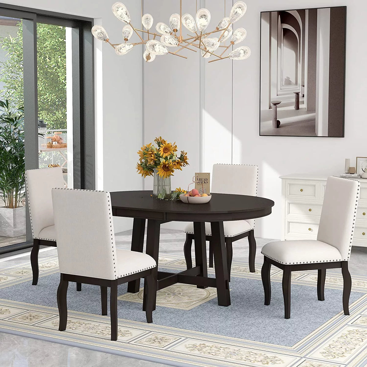5-Piece Round Dining Table and Upholstered Chair Set with Shelf E16437
