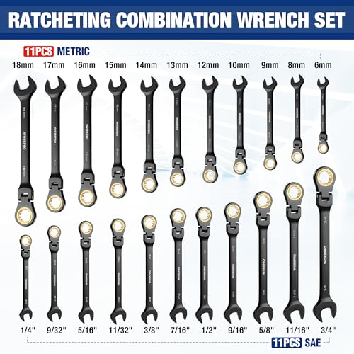 22-piece Ratcheting Wrench Set with 180° Flex Head, Anti-Slip Tooth, Metric 6-18mm & SAE 1/4-3/4", Black Electrophoretic Coating N9344
