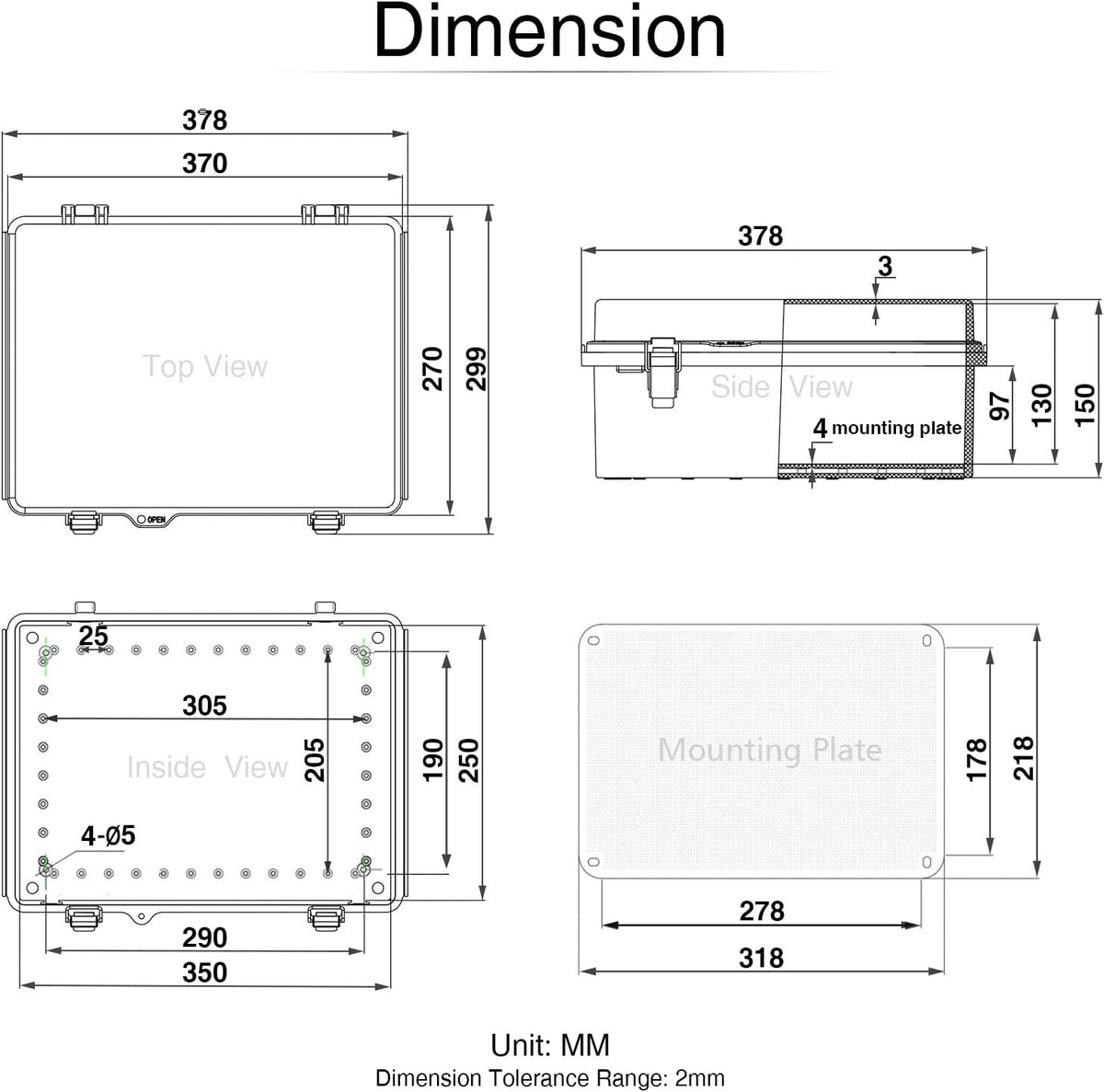 Hinged Cover Stainless Steel Latch Junction Box with Mounting Plate, ABS Plastic IP67 Waterproof Grey K3958