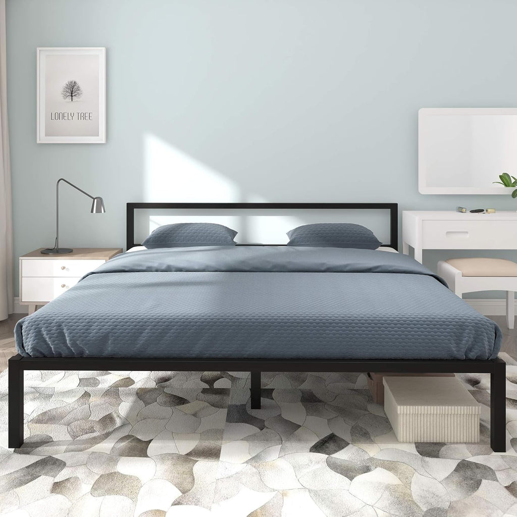 Full Size Black Metal Platform Bed Frame with Headboard Y89521