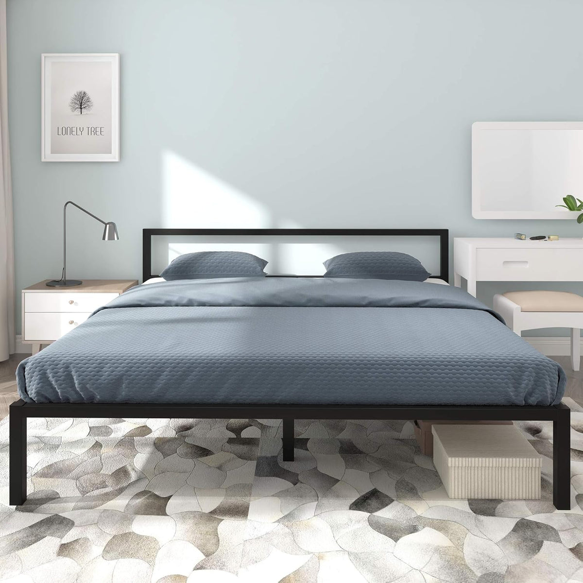Full Size Black Metal Platform Bed Frame with Headboard Y89521