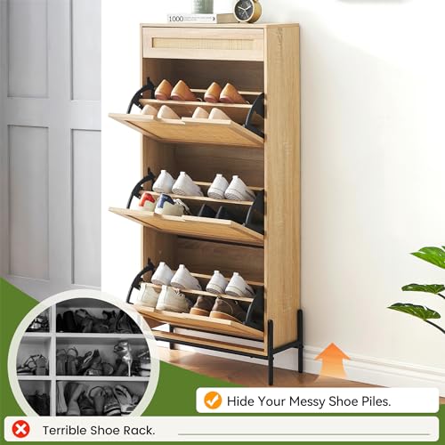 Oak Rattan Shoe Storage Cabinet with 3 Flip Door and 1 Drawer K63178