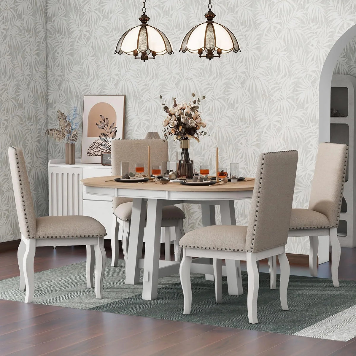 5-Piece Round Dining Table and Upholstered Chair Set with Shelf E16437