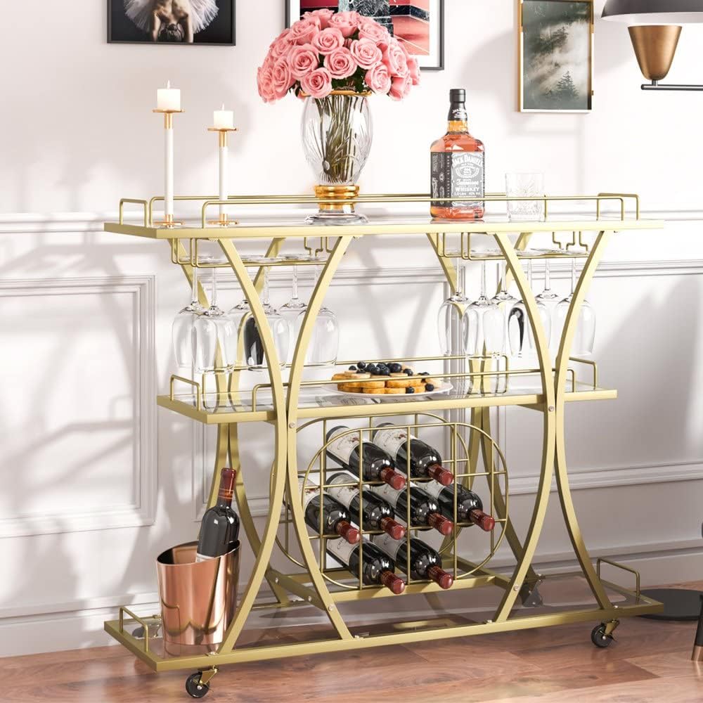 3 Tiers Metal Bar Serving Cart with Wine Rack Glass Holder T445470