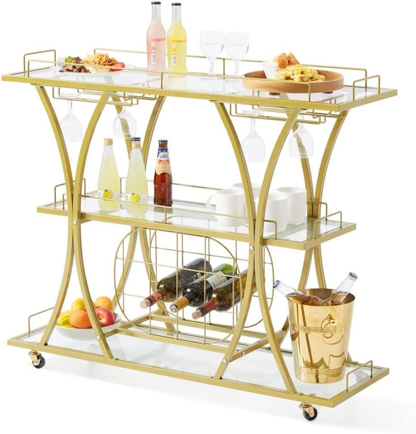 3 Tiers Metal Bar Serving Cart with Wine Rack Glass Holder T445470