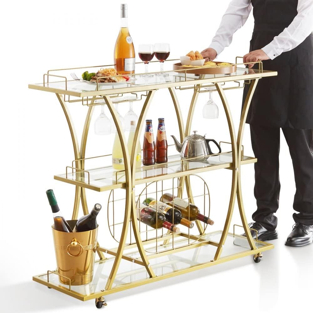 3 Tiers Metal Bar Serving Cart with Wine Rack Glass Holder T445470