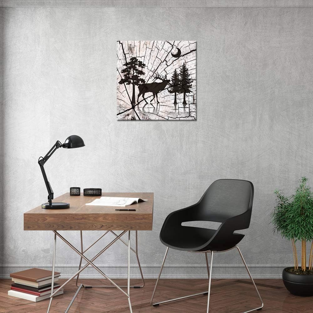 Deer in Forest Canvas Print Black Silhouette Vintage Wood Style Stretched and Framed G368