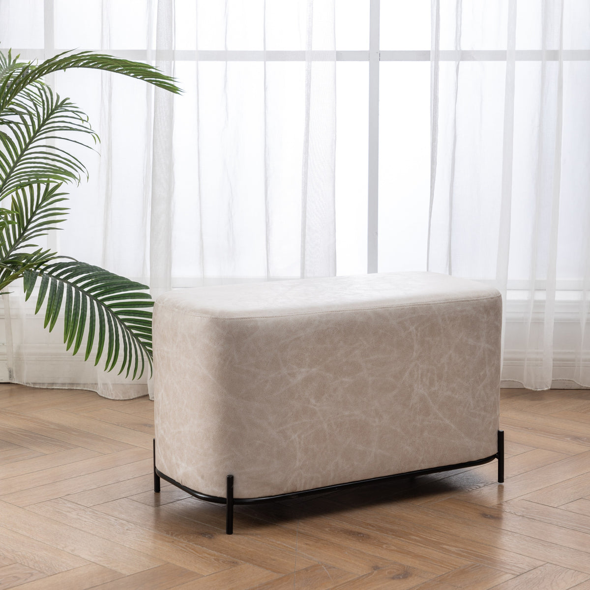 Tan Solid Faux Leather Decorative Bench J665130