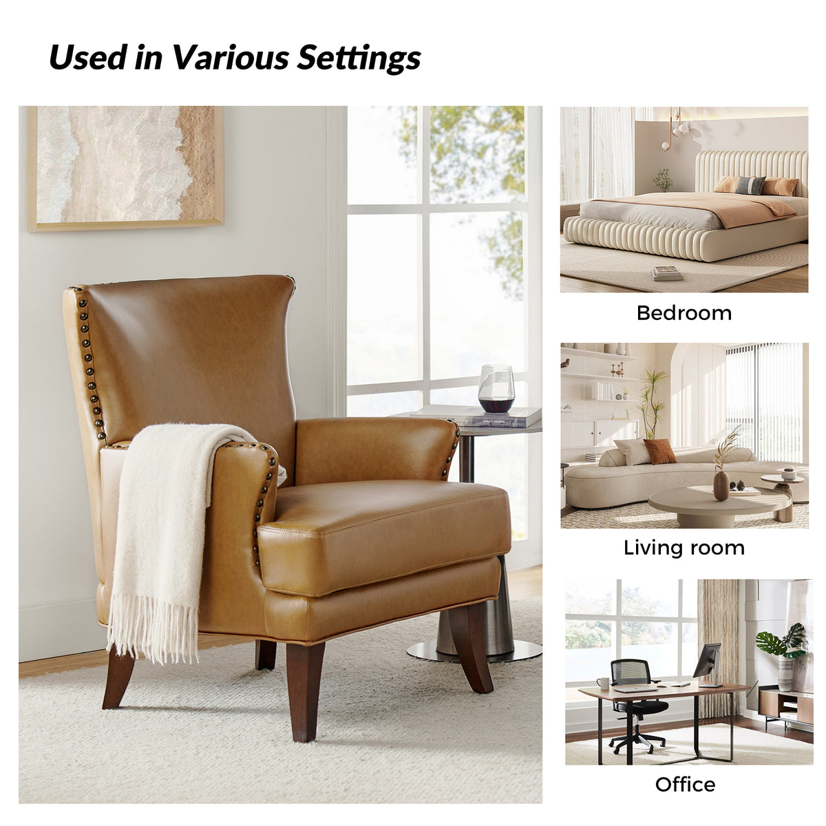 Camel Leather Upholstered Accent Chair Wood Leg X277894
