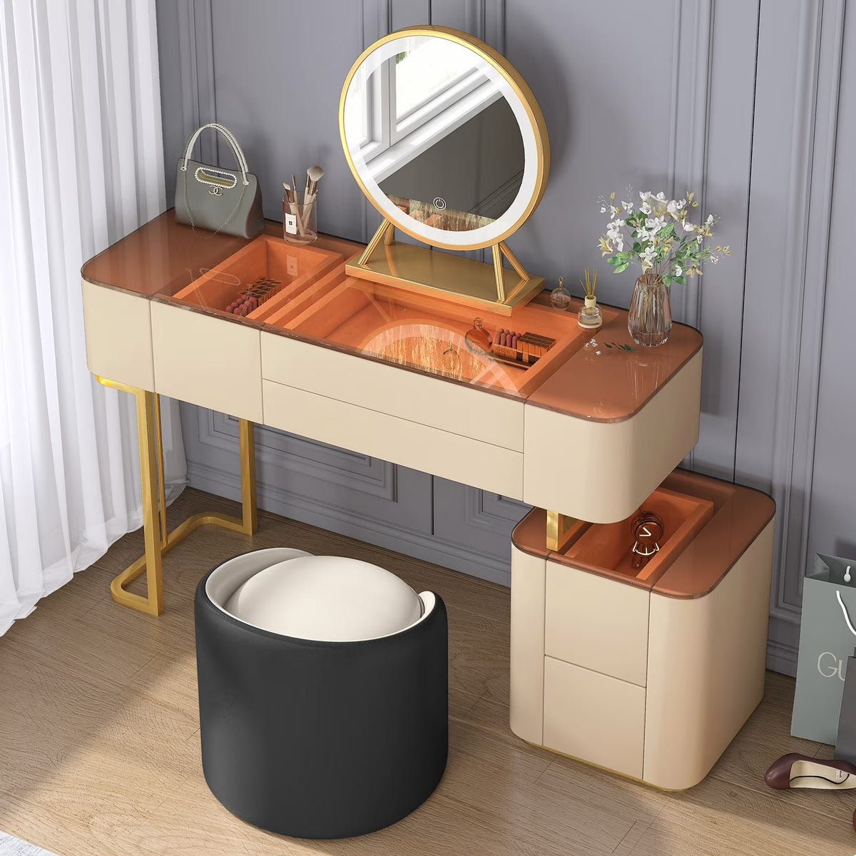 Vanity Set with LED Light Mirror, Drawers, Dressing Table and Chair U621
