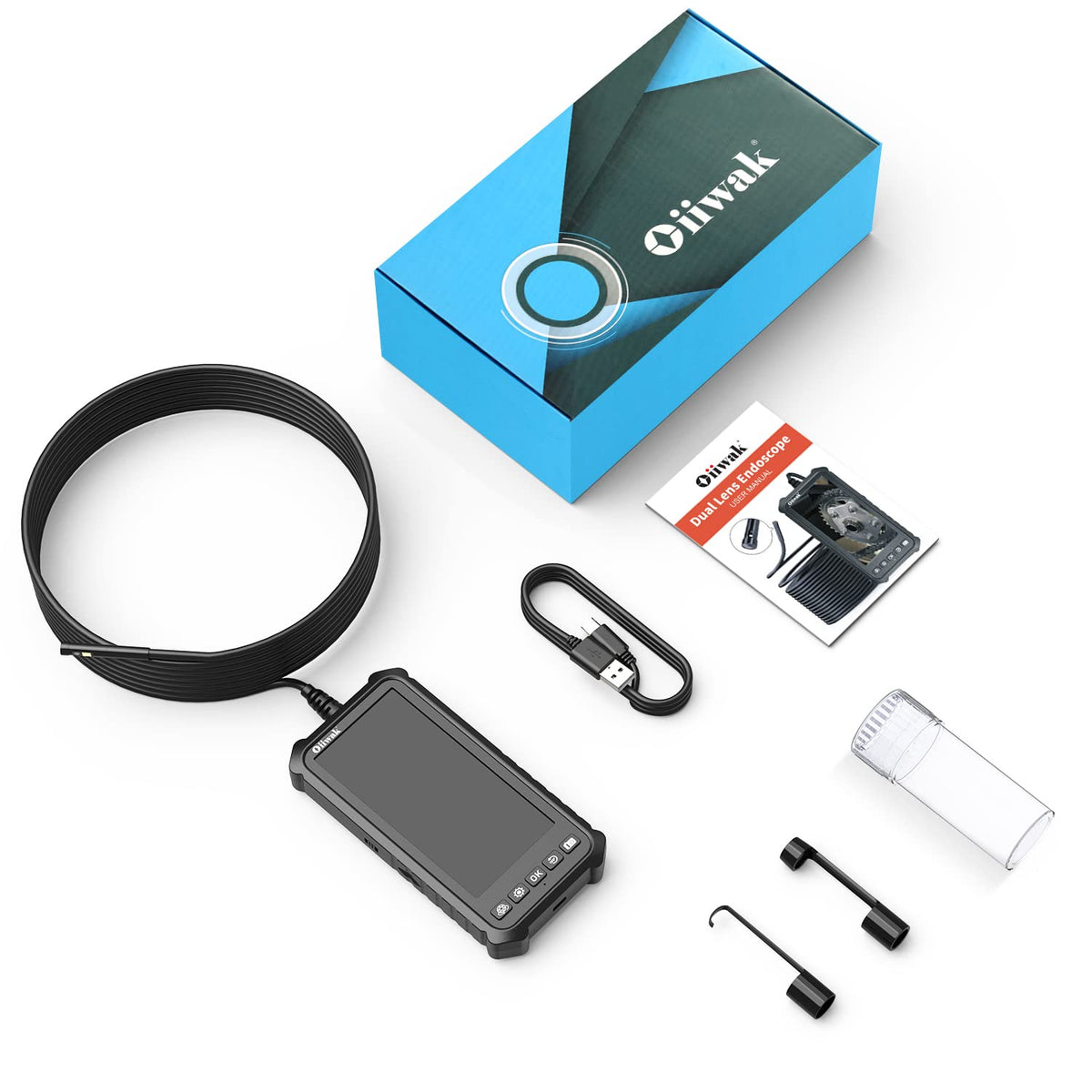 Dual Lens Endoscope Camera 1080P 5.18 IPS Screen 5mm IP67 Waterproof Snake Camera with 7 LED Lights 32GB Card 16.5FT T873847