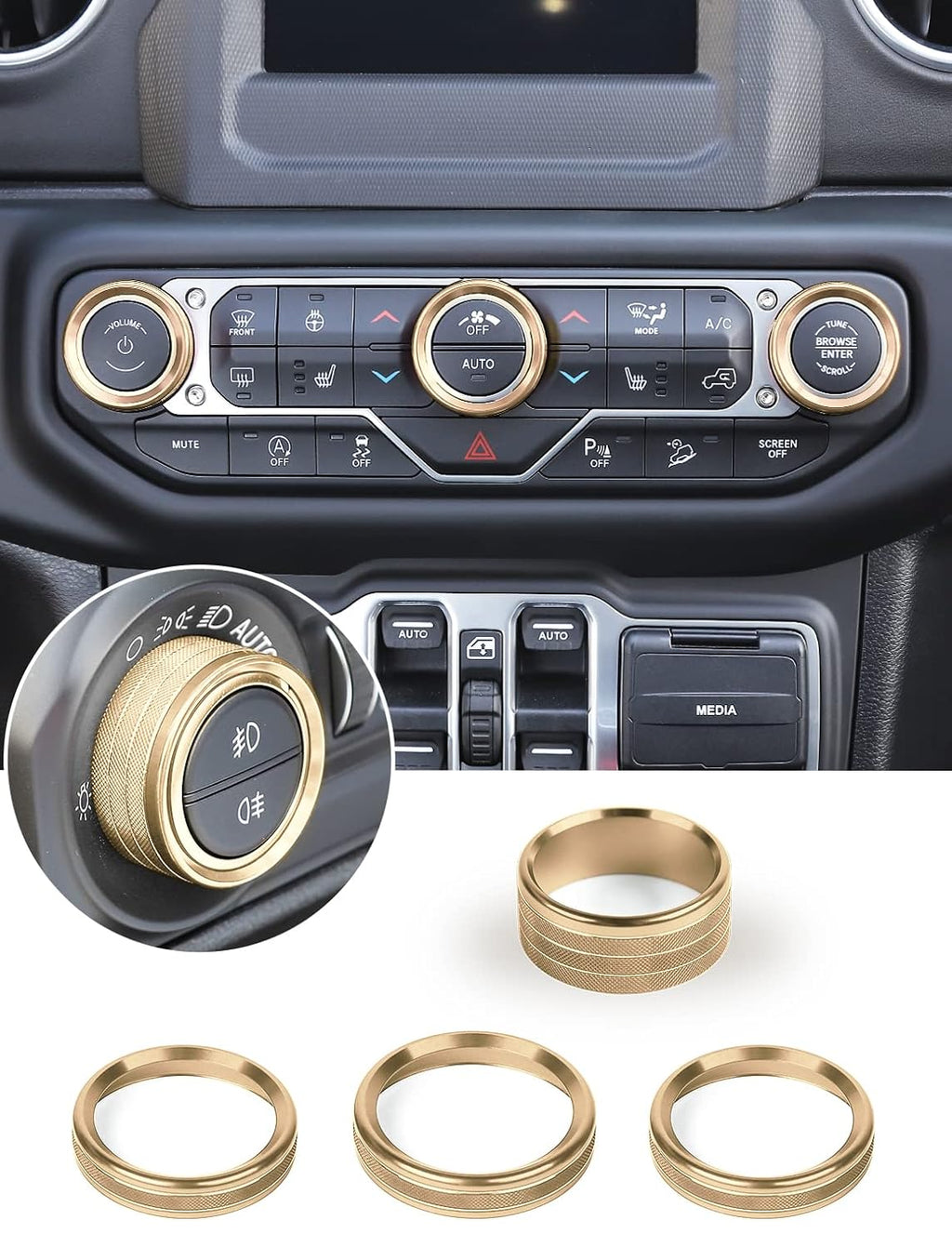 HVAC Climate Control Panel Knob Trim Kit & Light Control Switch Cover, Aluminum Alloy Ring I69996