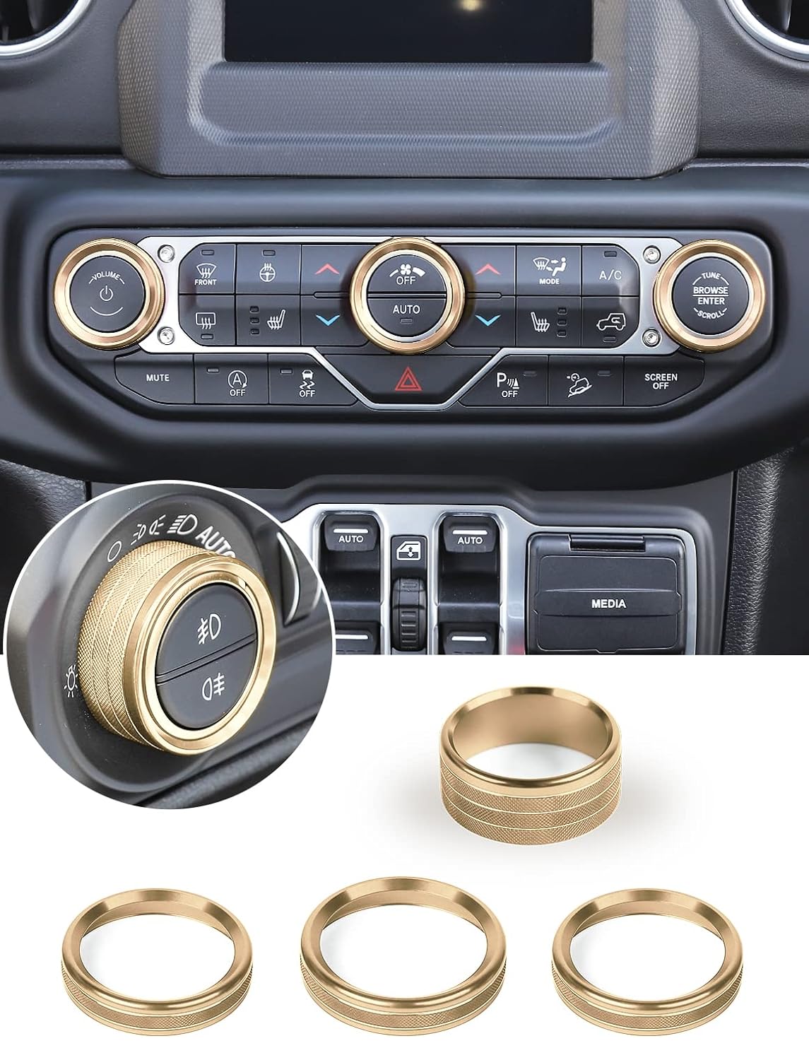 HVAC Climate Control Panel Knob Trim Kit & Light Control Switch Cover, Aluminum Alloy Ring I69996