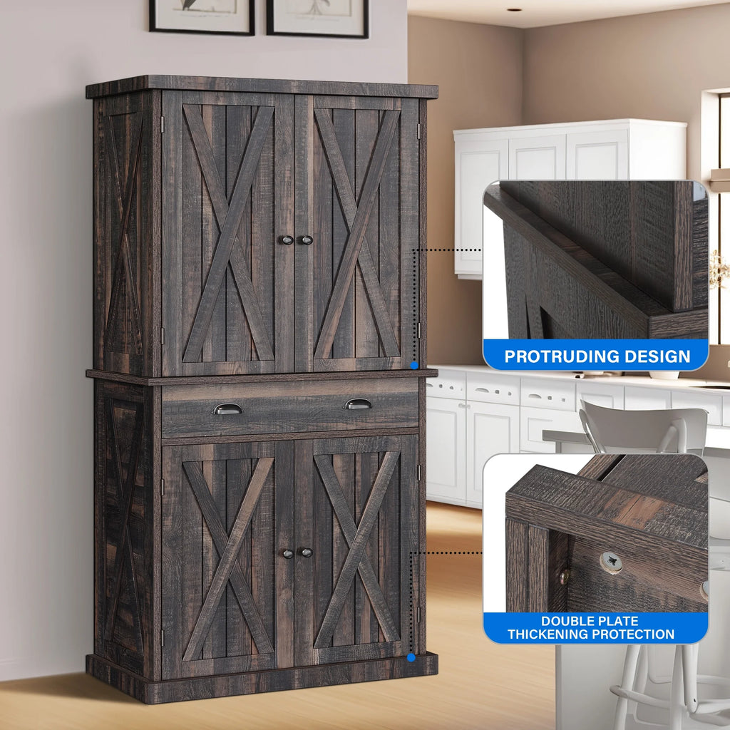 72" 4 Door 6-Tier Rustic Oak Kitchen Pantry Storage Cabinet Z31013