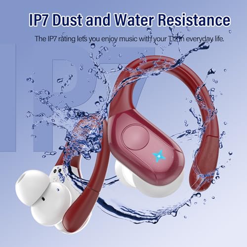 Wireless Bluetooth 5.4 Earbuds with Earhooks, 75H Deep Bass, 4 ENC Mic, IP7 Waterproof, Red V6004