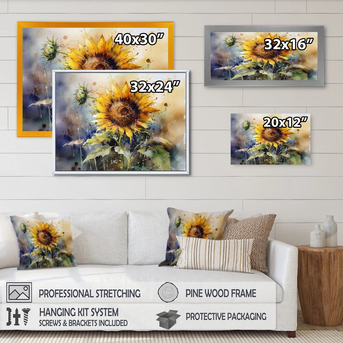 Floral Sunflower Framed Canvas Art Print 44 in. wide x 34 in. high K6568