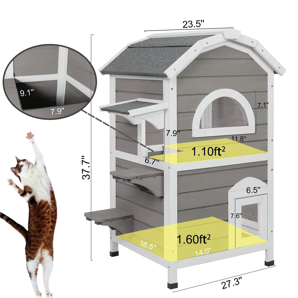 Weatherproof Two Story Wooden Outdoor Cat House Y3963