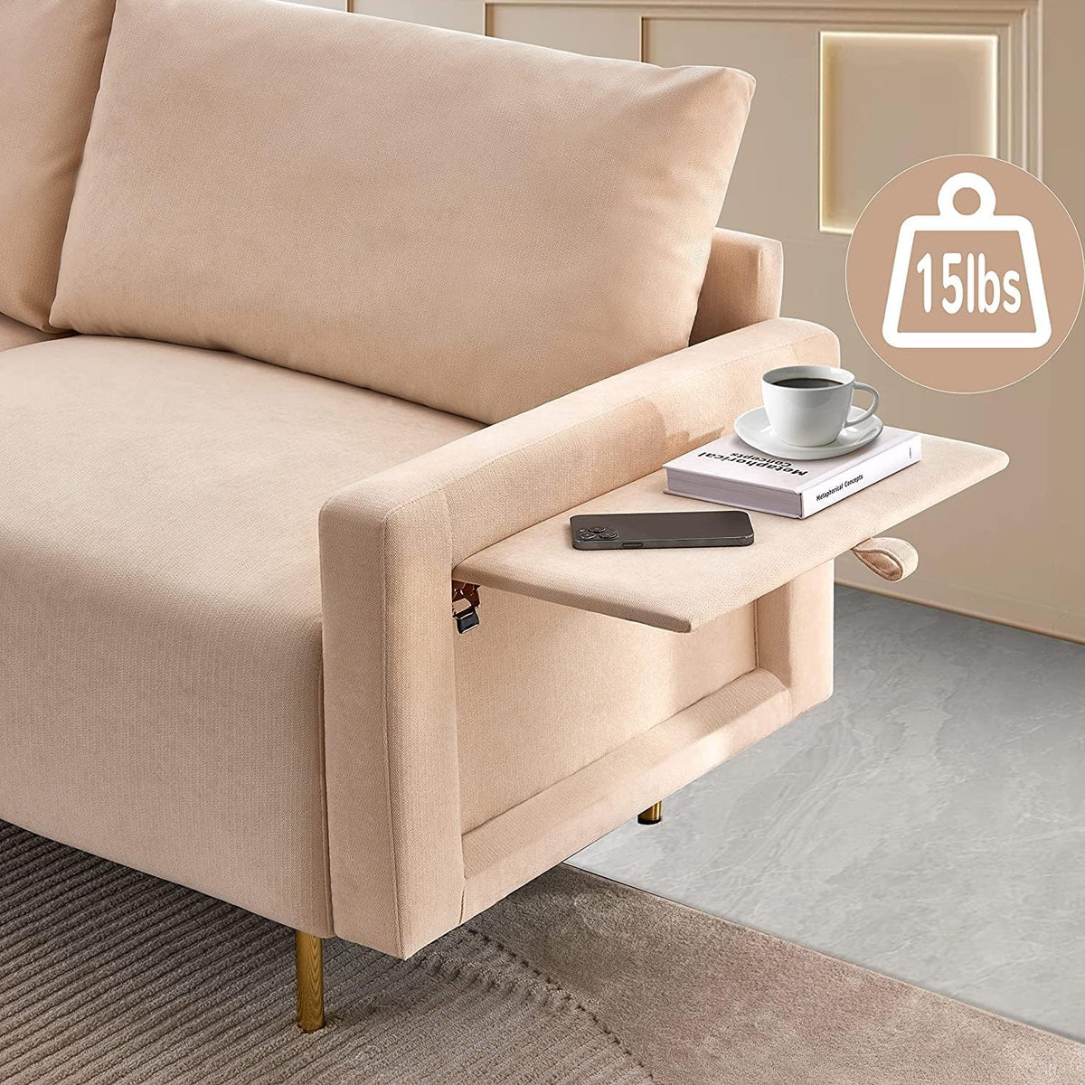 Beige Fabric Loveseat Couch with Removable Tray and Adjustable Metal Legs O33253