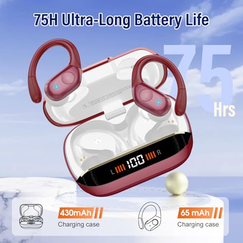 Wireless Bluetooth 5.4 Earbuds with Earhooks, 75H Deep Bass, 4 ENC Mic, IP7 Waterproof, Red V6004