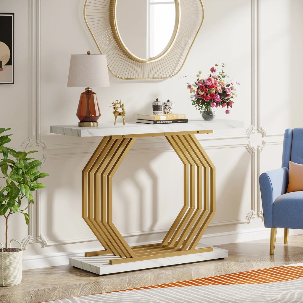 Gold Console Table with Geometric Metal Base J9802