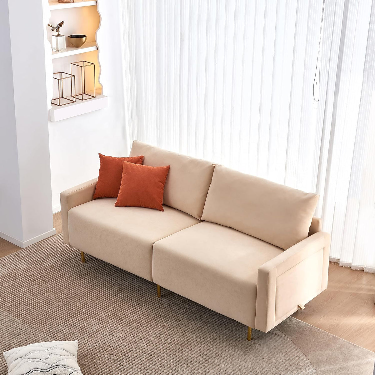 Beige Fabric Loveseat Couch with Removable Tray and Adjustable Metal Legs O33253