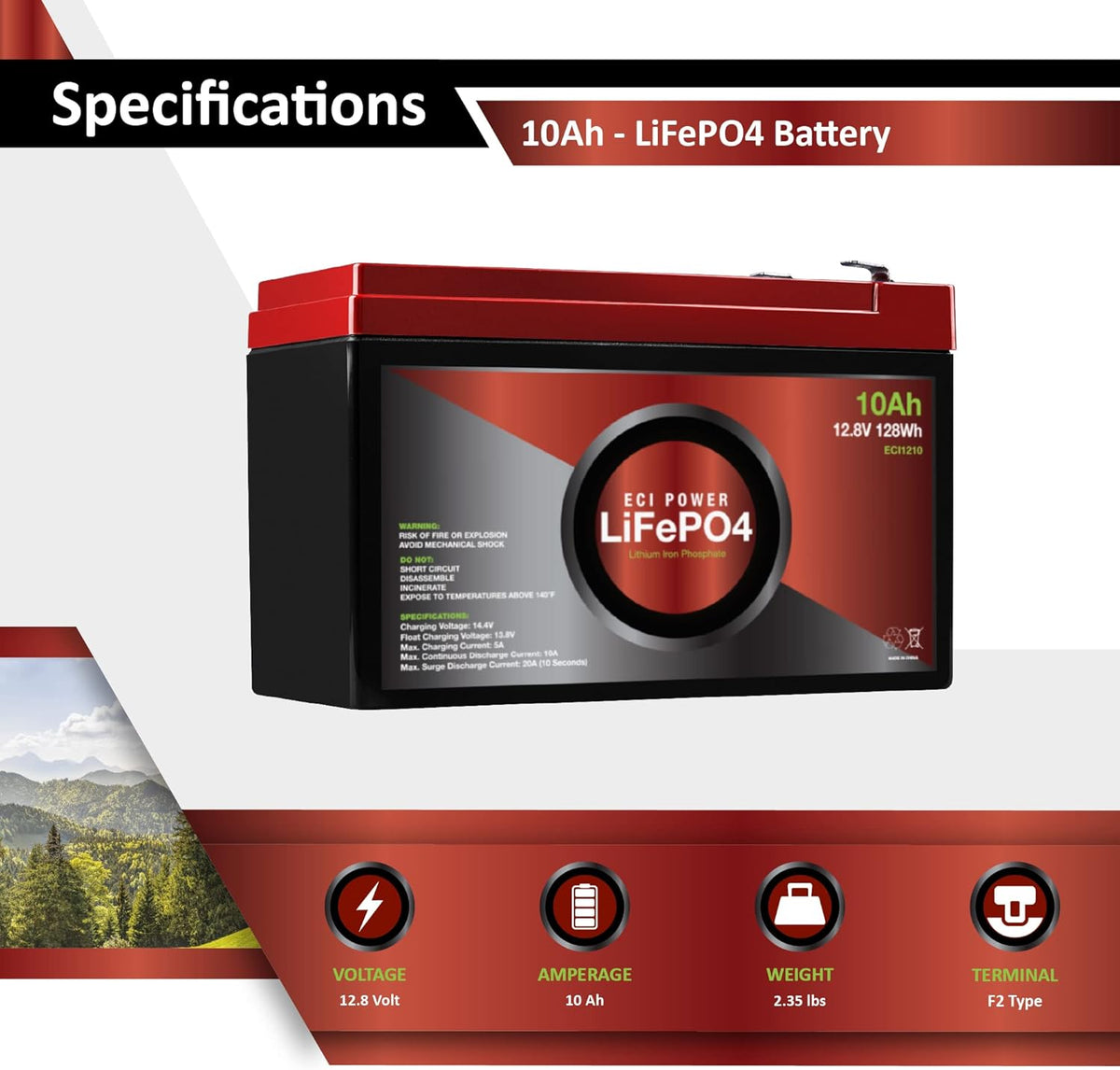 12V 10Ah Lithium LiFePO4 Deep Cycle Rechargeable Battery with Built-in BMS X14097