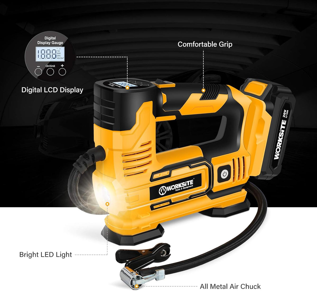 Tire Inflator Air Compressor Portable, 20V Cordless Tire Pump 150 PSI with Digital Pressure Gauge, Rechargeable Li-ion Battery and 12V Car Power Adapter Pack of 2 Q3320