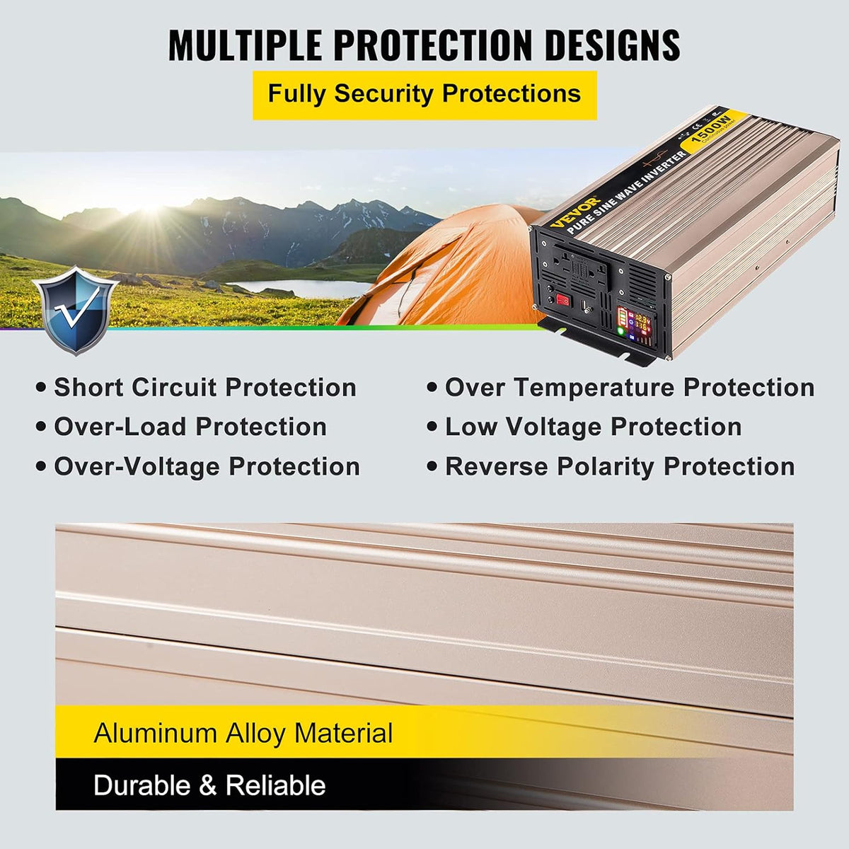 1500 Watt Pure Sine Wave Power Inverter, DC 12V to AC 110V, with LCD Display, 5V USB Port, AC Outlets (GFCI) C697