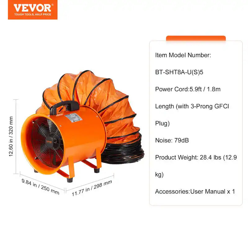 Portable 8 in. Heavy Duty Blower Fan with Duct Hose 195W 1070CFM F39199