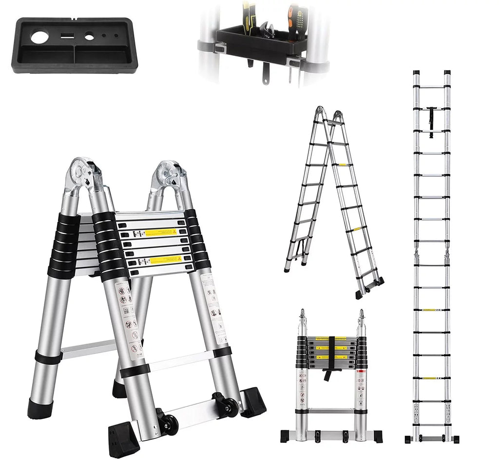 16.5FT Aluminum Telescoping Extension Ladder with Wheels 330lb Capacity Z583820