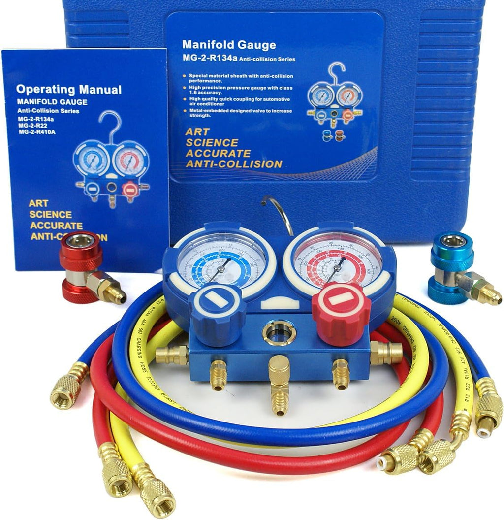 A/C Manifold Gauge Set R134a Refrigeration Kit Brass 4FT w/Case, 1/4 SAE Fittings C985925