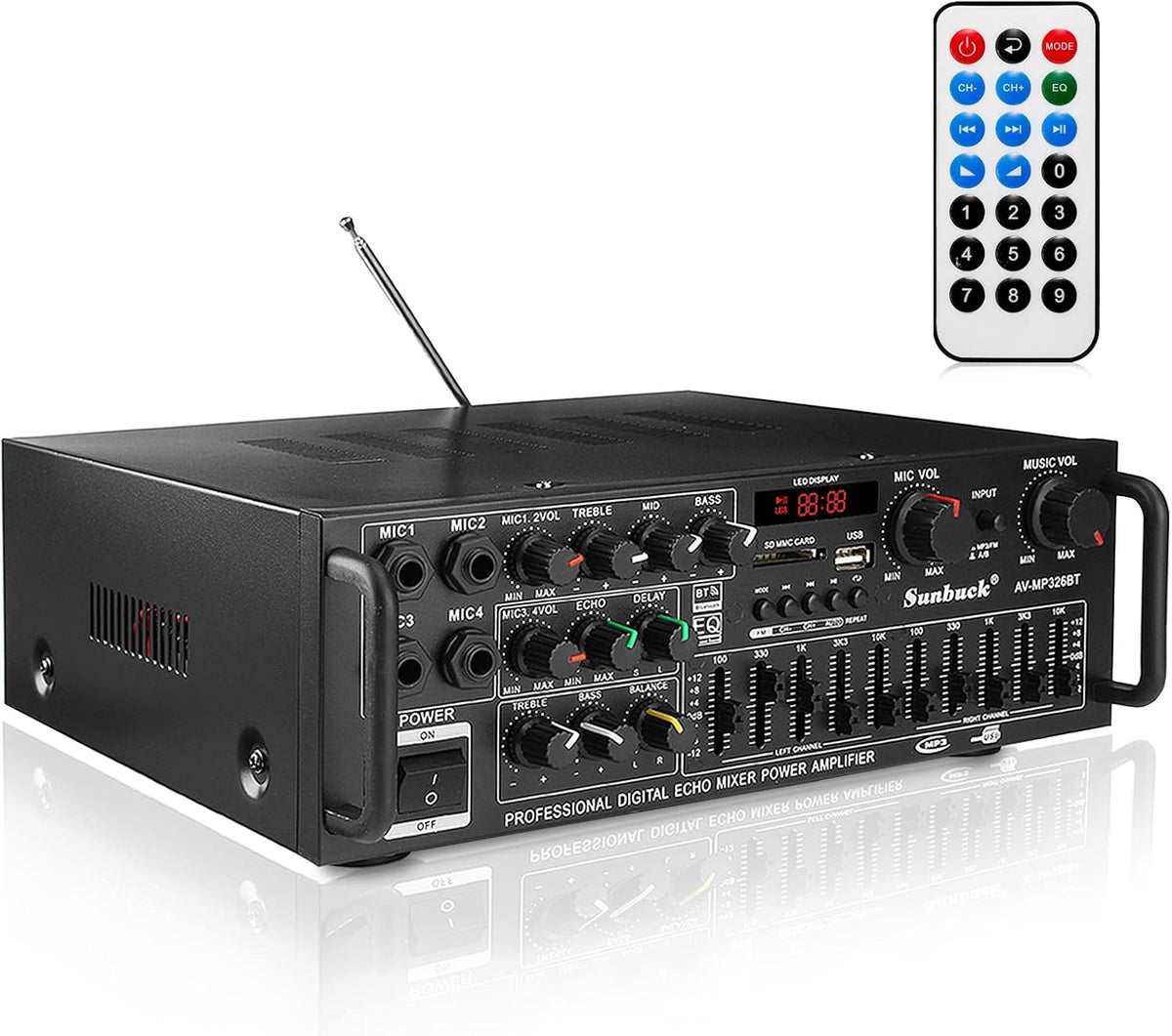 Bluetooth Stereo Power Amplifier with FM Radio, MP3/USB/SD, 2 Mic in Echo, RCA, LED P306
