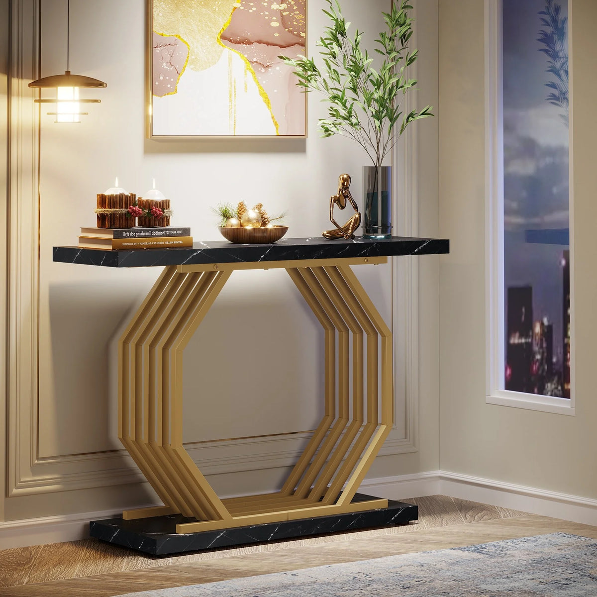Gold Console Table with Geometric Metal Base J9802
