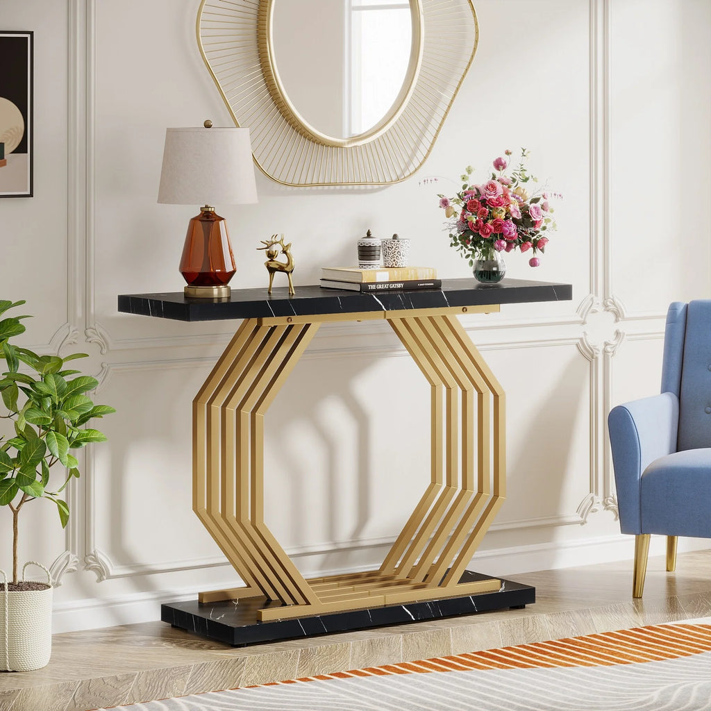 Gold Console Table with Geometric Metal Base J9802
