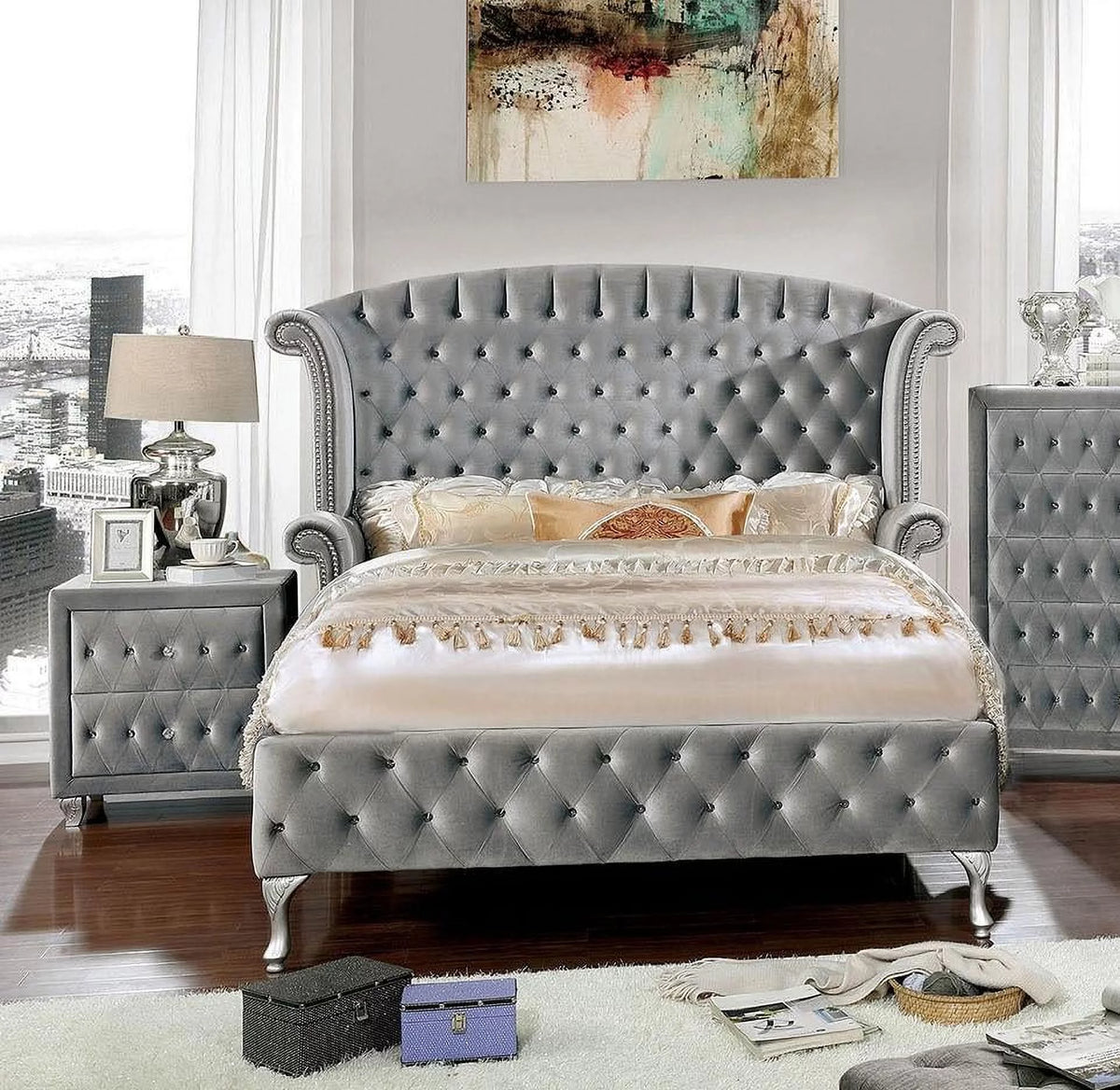 Gray Solid Wood King Bedroom Set 3pcs S22945