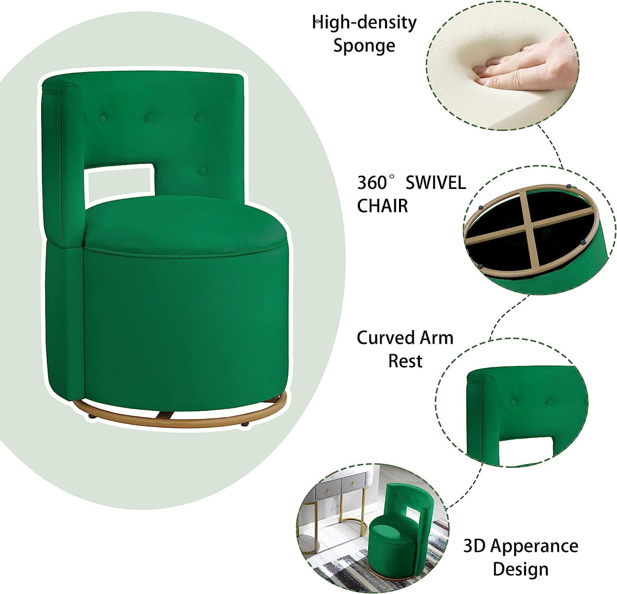 Velvet Swivel Accent Chair with Storage and Gold Metal Base K30542