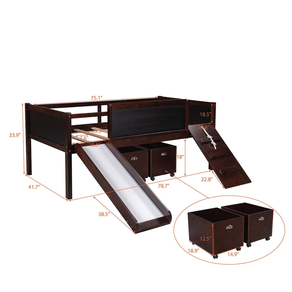 Espresso Pine Wood Twin Loft Bed with 2 Storage Boxes S642837