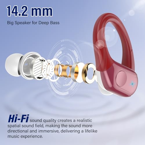 Wireless Bluetooth 5.4 Earbuds with Earhooks, 75H Deep Bass, 4 ENC Mic, IP7 Waterproof, Red V6004