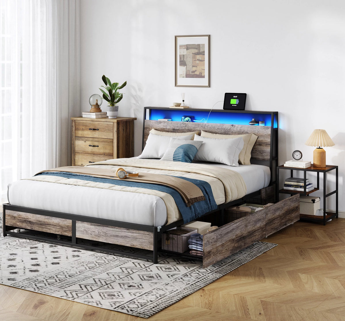 Full Size Platform Bed Frame with Storage Headboard and 4 Storage Drawers B486963