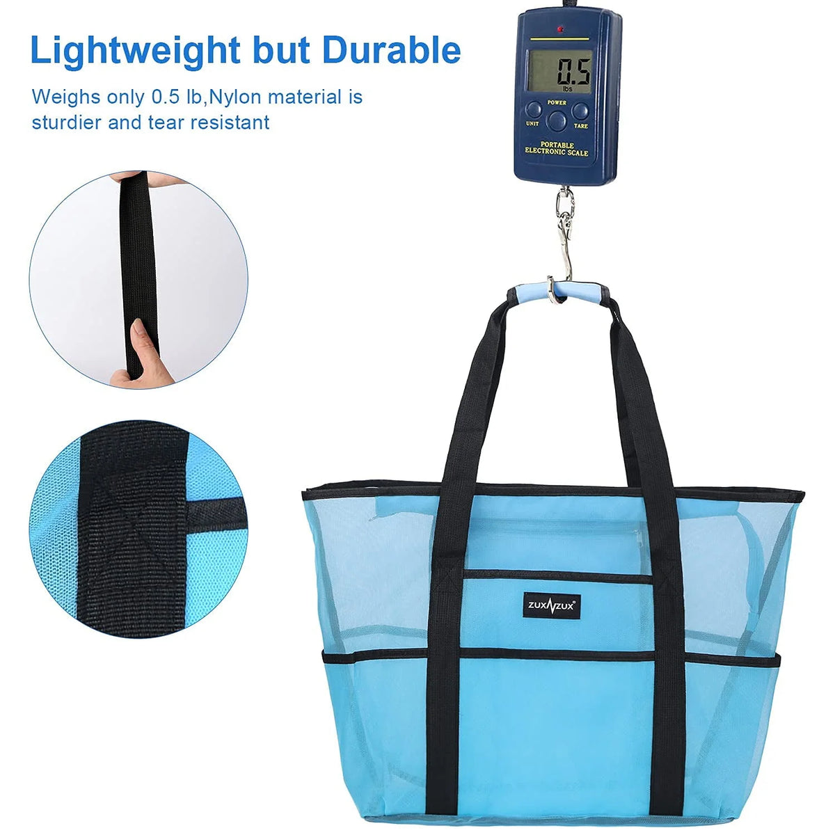 Large Blue Nylon Mesh Beach Pool Bag with Zipper and 8 Pockets B1996