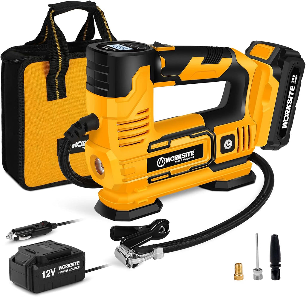 Tire Inflator Air Compressor Portable, 20V Cordless Tire Pump 150 PSI with Digital Pressure Gauge, Rechargeable Li-ion Battery and 12V Car Power Adapter Pack of 2 Q3320