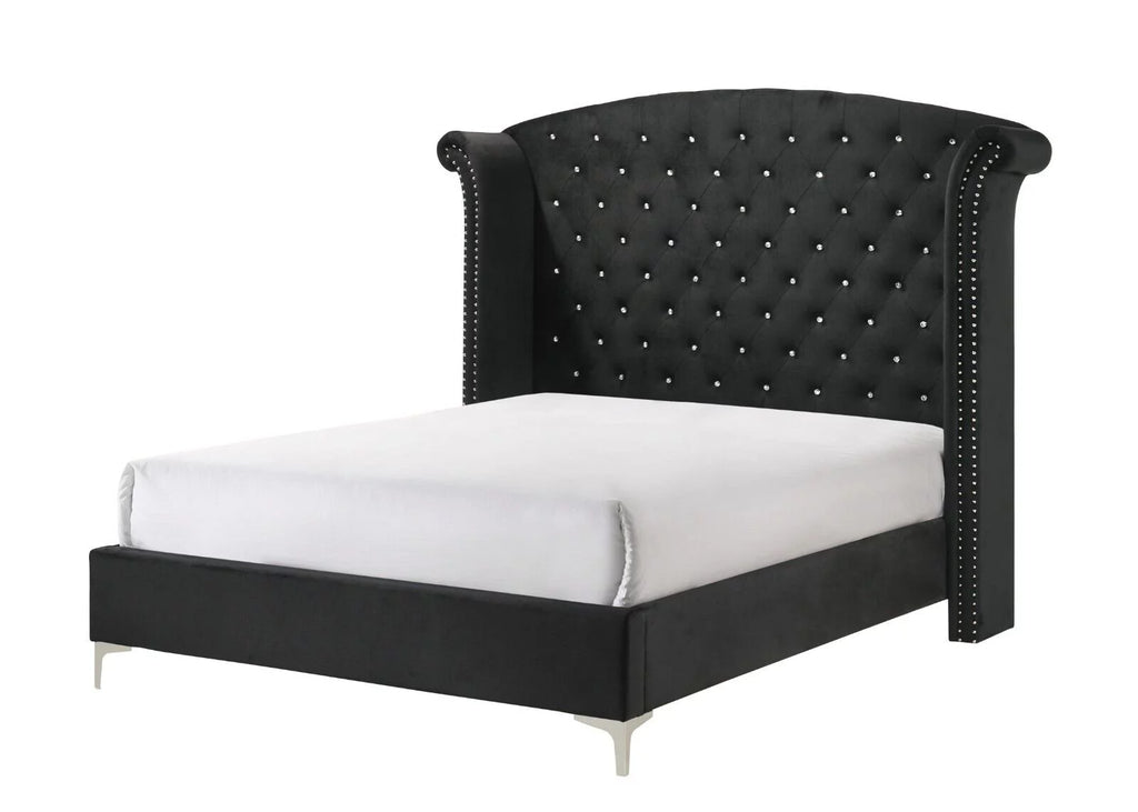 4pc Queen Size Black Velvet Bedroom Set I9229