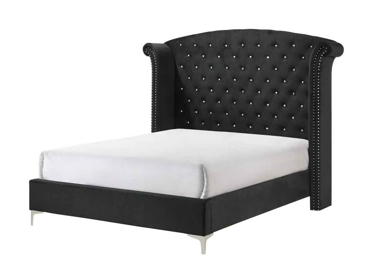 4pc Queen Size Black Velvet Bedroom Set I9229