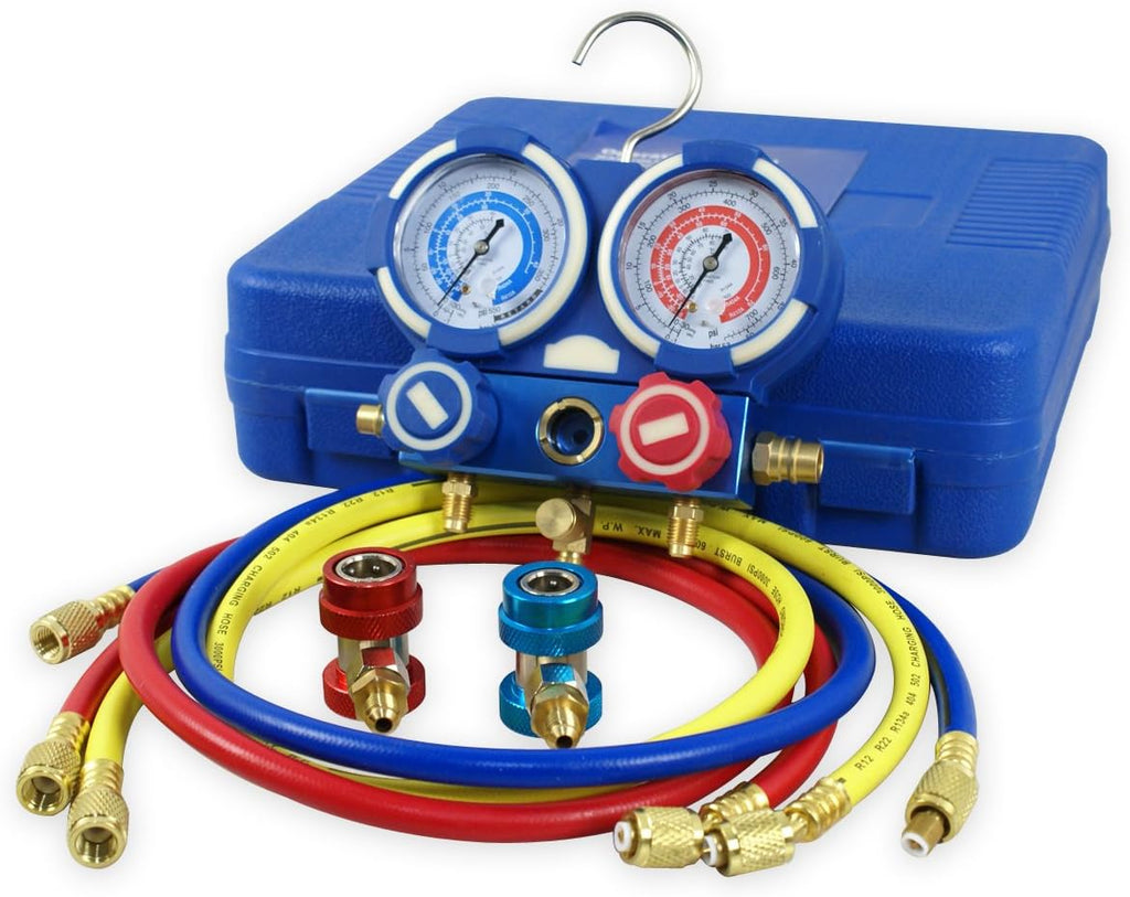 A/C Manifold Gauge Set R134a Refrigeration Kit Brass 4FT w/Case, 1/4 SAE Fittings C985925