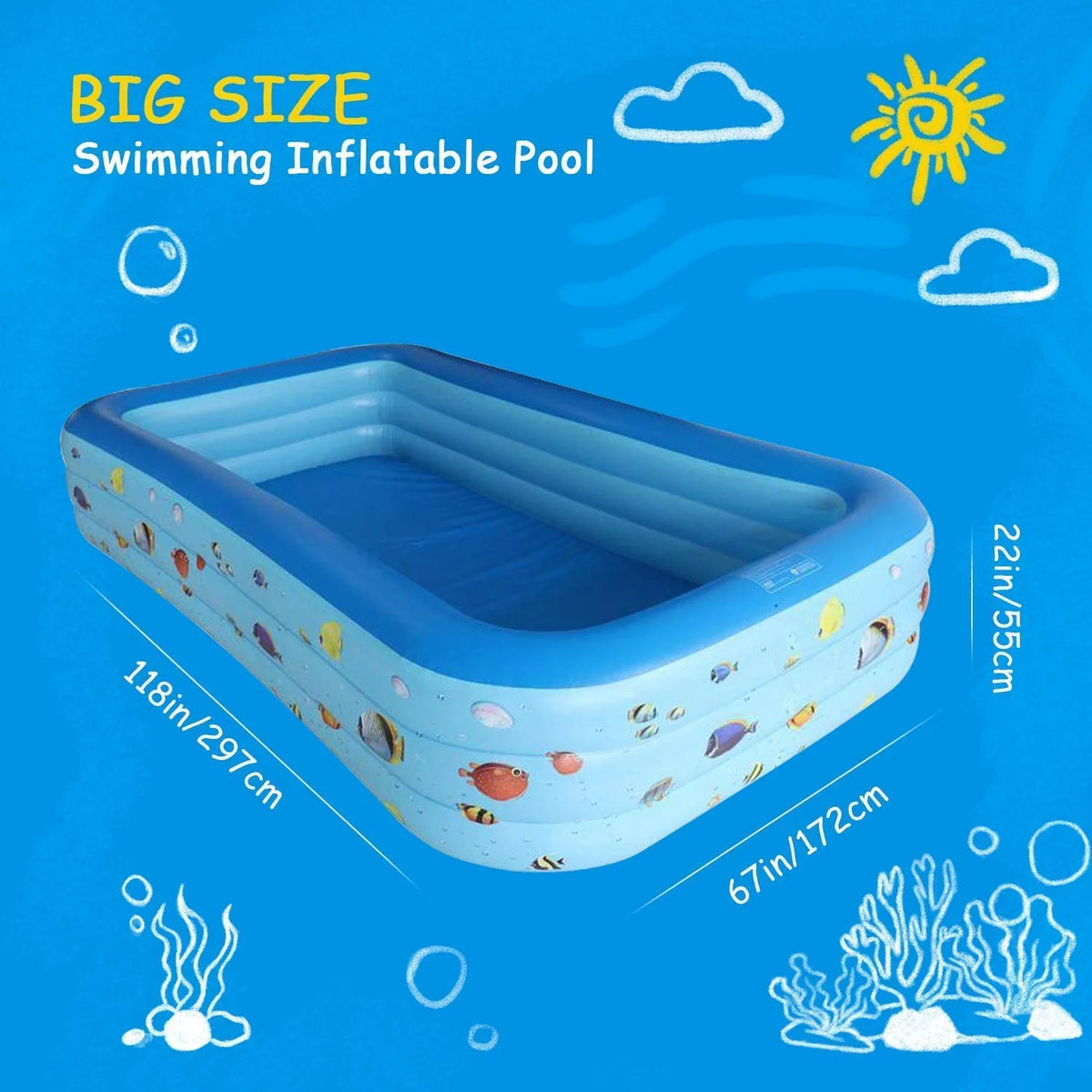 Inflatable Thickened Kiddie Pool 6.9 x 5 x 1.8 ft Blue K5424