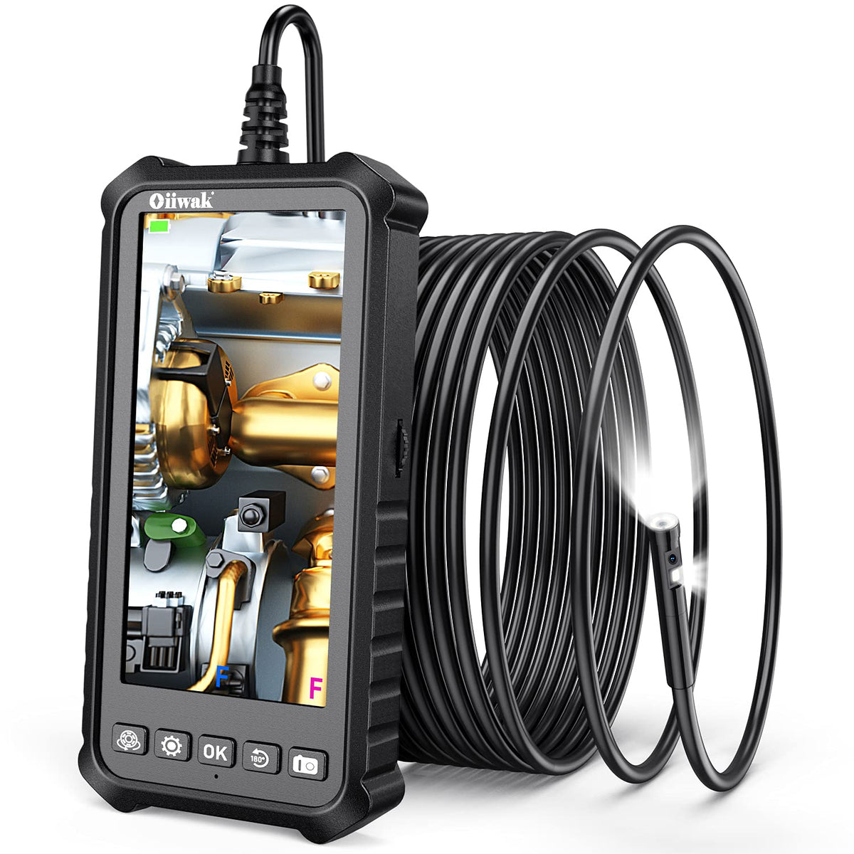 Dual Lens Endoscope Camera 1080P 5.18 IPS Screen 5mm IP67 Waterproof Snake Camera with 7 LED Lights 32GB Card 16.5FT T873847