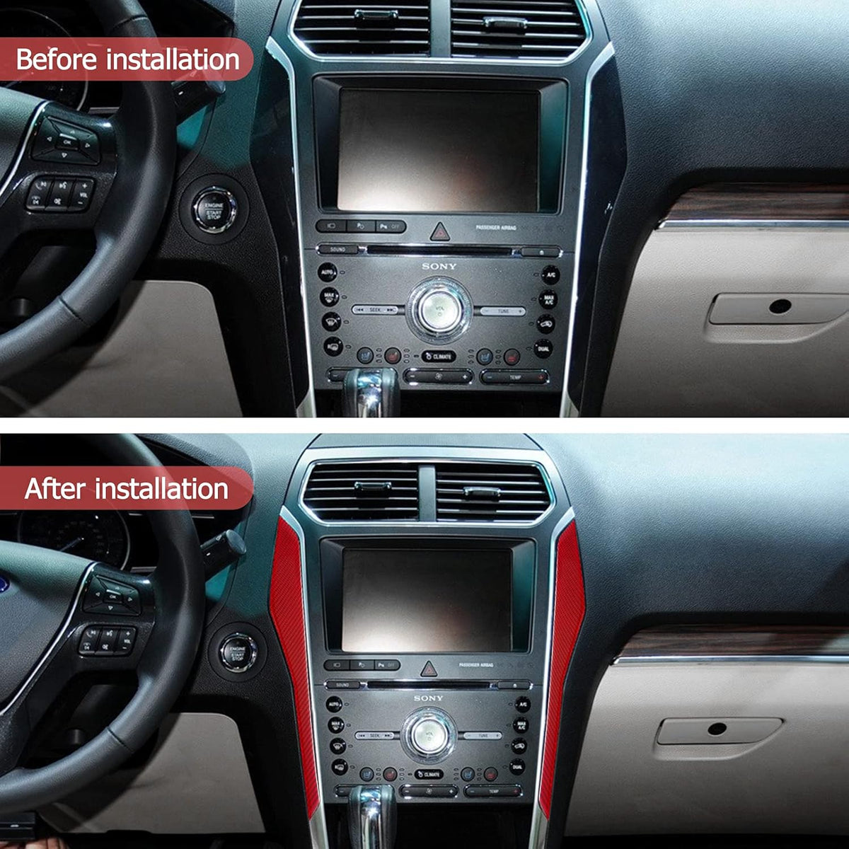 Red Carbon Fiber Center Console Frame Trim Cover Sticker for Ford Explorer 2013-2018 Pack of 2 J8776