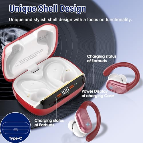 Wireless Bluetooth 5.4 Earbuds with Earhooks, 75H Deep Bass, 4 ENC Mic, IP7 Waterproof, Red V6004