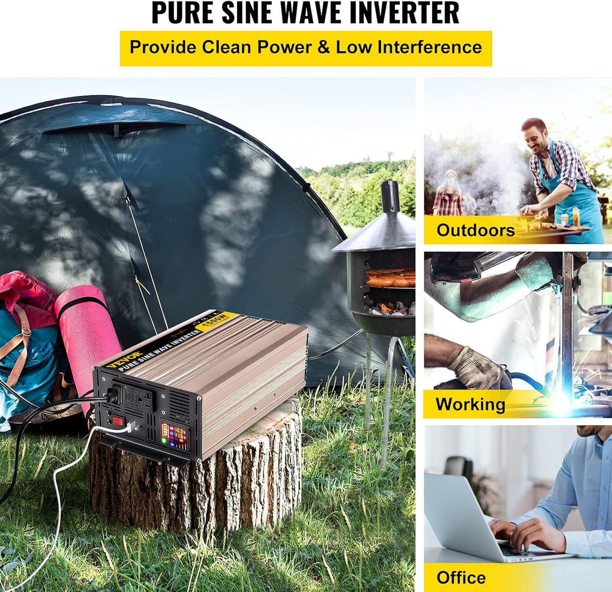 1500 Watt Pure Sine Wave Power Inverter, DC 12V to AC 110V, with LCD Display, 5V USB Port, AC Outlets (GFCI) C697