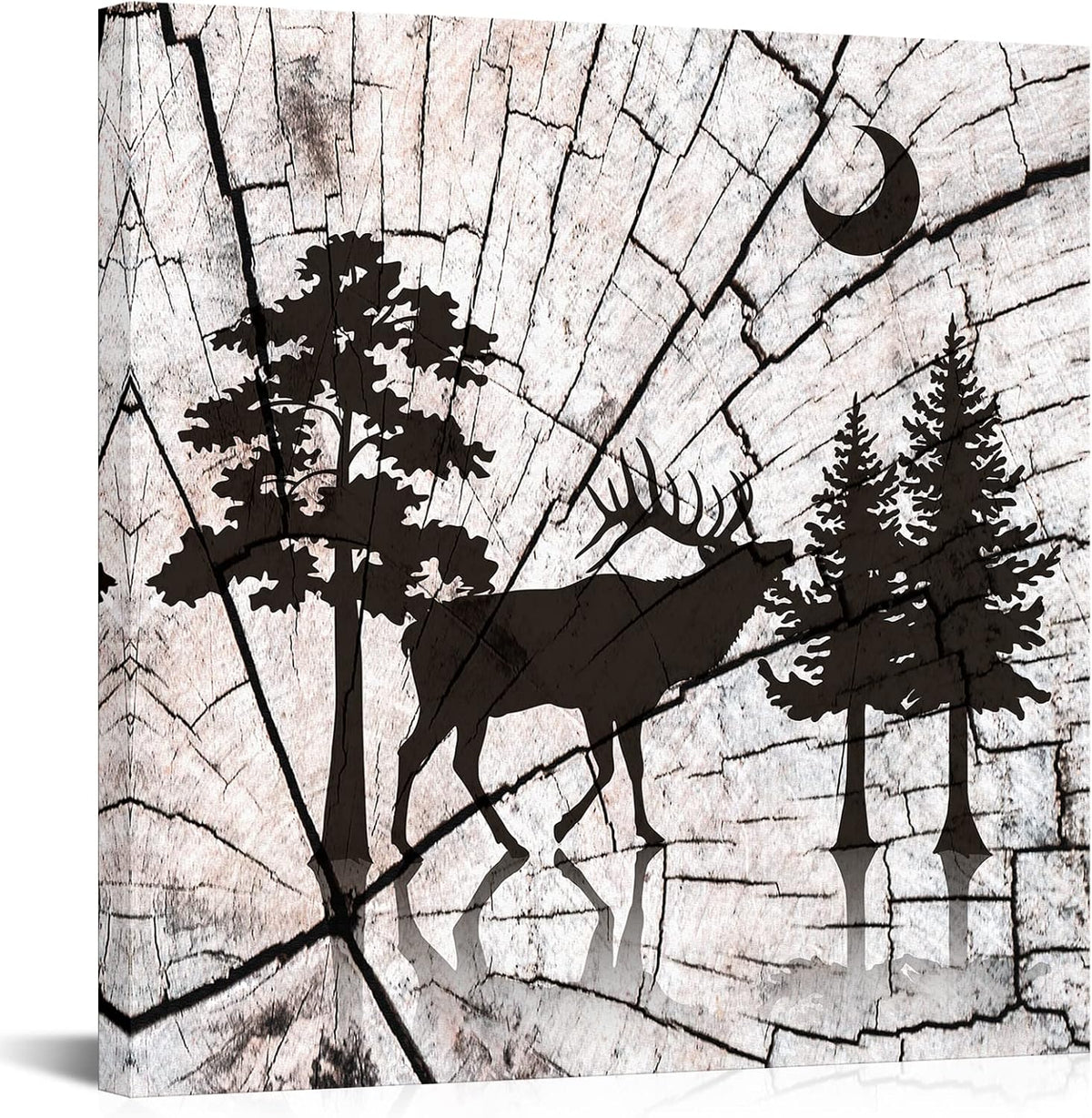 Deer in Forest Canvas Print Black Silhouette Vintage Wood Style Stretched and Framed G368